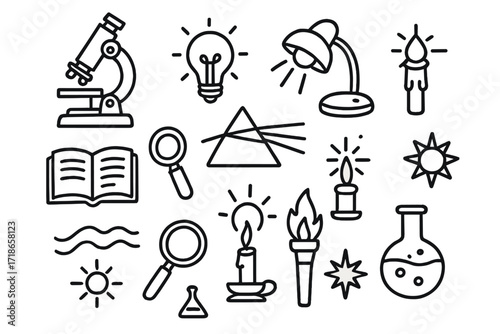 Scientific Symbols Doodle. Hand-drawn doodle illustration scientific illumination microscope, light bulb, lamp, prism, magnifying glass, rays, book, spark,