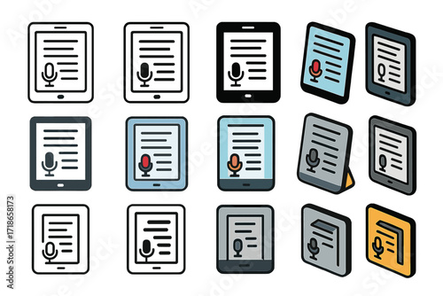Legal Logo Designs. Set Logo of Court reporters and legal assistants documenting hearings: Tablet with digital transcript preview. Logo set in vector style,
