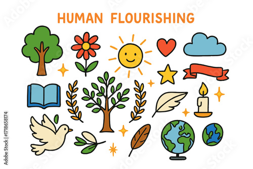 Joyful Symbols of Flourishing. Human flourishing. Colorful Hand-drawn doodle Children illustration tree, flower, sun, cloud, heart, star, sparkle, laurel
