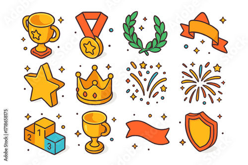 Colorful Victory Icons. Victory. Colorful isometric vector icons set of Victory: gold trophy, medal, laurel wreath, ribbon, star, crown, confetti, fireworks,
