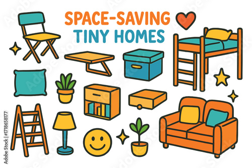 Tiny Home Essentials. Colorful Hand-drawn doodle Children illustration Space-saving furniture for tiny homes folding chair, wall-mounted desk, loft bed,
