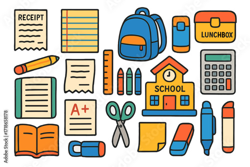 School Supplies Doodle. Colorful Hand-drawn doodle Children illustration School receipts and notes backpack, lunchbox, pencil,