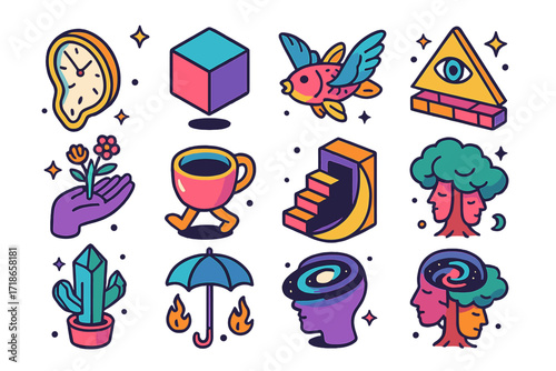 Surreal Isometric Icons. Colorful isometric vector icons set of surreal forms: melting clock, levitating cube, fish with bird wings, floating eye pyramid, hand