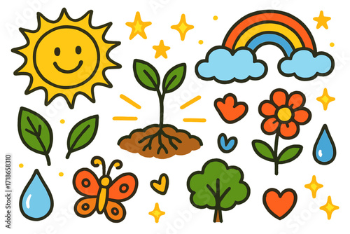 Colorful Nature Doodles. Colorful Hand-drawn doodle Children illustration Sunlight for Plants [sun, rays, leaf, sprout, flower, tree, rainbow, cloud, water