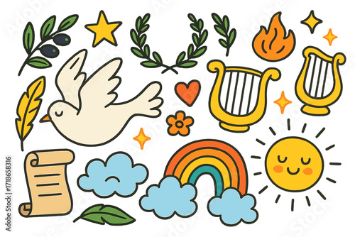 Heavenly Symbols Collection. Afterlife peace. Colorful Hand-drawn doodle Children illustration dove, feather, harp, laurel wreath,