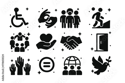 Diverse Accessibility Icons. Inclusion. Solid icons set of wheelchair symbol, sign language hand, diverse people, accessible ramp, inclusive circle, support