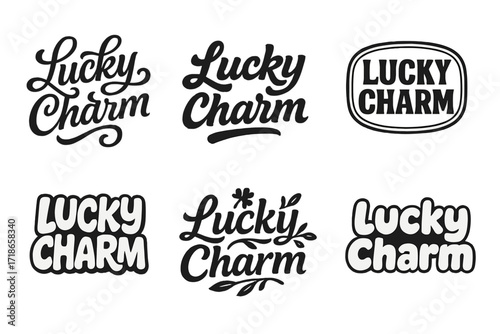 Lucky Charm Variations. Lucky Charm. Set lettering. harmonious lettering variations of the same emblematic concept (Whimsical curly type with flourishes, Bold