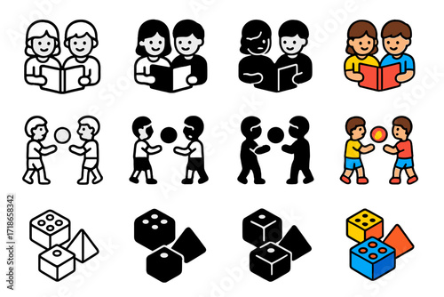 Childhood Togetherness Icons. Icon Set of Childhood togetherness: siblings reading a book, playing ball, building blocks. Icons set in vector style, emblematic