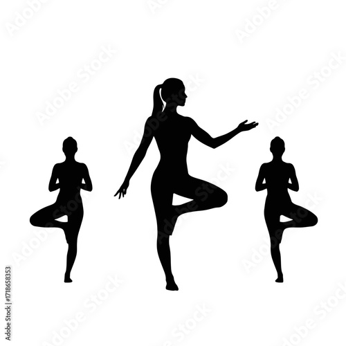 Yoga Silhouette Illustration Featuring Tree Pose Variations for Wellness and Fitness Content, suitable for health blogs, yoga studio promotions, and fitness app designs.