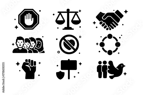 Diversity and Unity Icons. Anti-Discrimination. Solid icons set of stop sign, equality scale, handshake, diverse faces, no hate