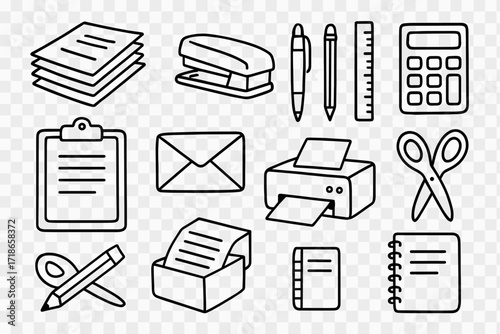 Office Supplies Doodle. Office Supplies. Hand-drawn doodle illustration catalog, paper stack, stapler, pen, pencil, ruler, calculator, clipboard, envelope,