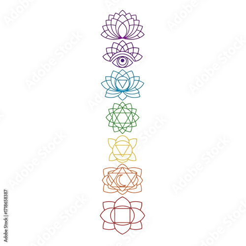 Chakra Symbols Artwork for Meditation Practices and Spiritual Well-being, used for holistic health, yoga studio designs, and alternative medicine illustrations