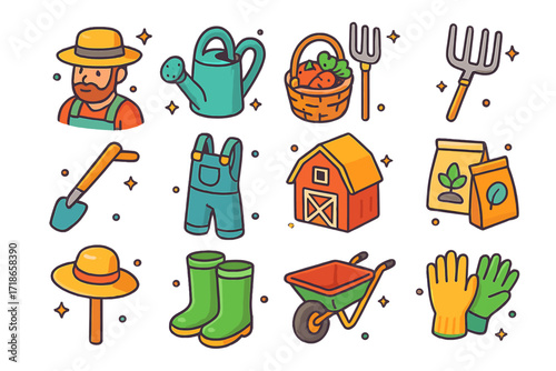Colorful Farming Icons. Colorful isometric vector icons set of Farmers: farmer with straw hat, watering can, basket of vegetables, pitchfork, hoe tool,