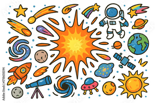 Cosmic Doodle Explosion. Colorful Hand-drawn doodle Children illustration Cosmic explosion [galaxy, starburst, comet, shooting star, rocket, astronaut, meteor,