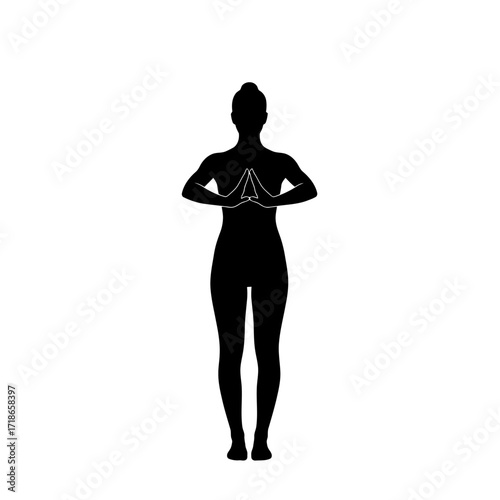 Silhouette of a Woman in Anjali Mudra Pose for Meditation and Wellness Practices, Ideal for Yoga Studios, Spiritual Guides, and Health and Fitness Content