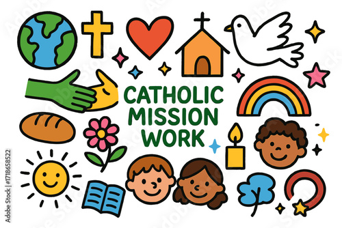 Catholic Mission Doodles. Colorful Hand-drawn doodle Children illustration Catholic Mission Work globe, cross, church, heart,