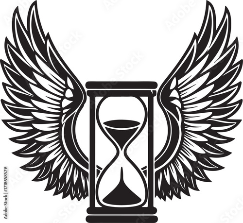 Hourglass with large feathered wings on a white background