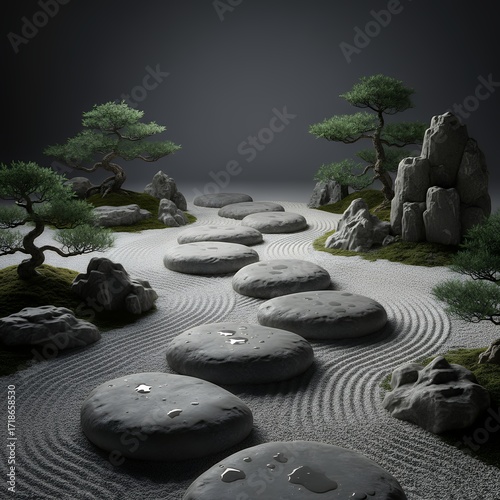 Zen Garden, Stepping Stones Path, Tranquil Scene, Serene Landscape, Meditation, Mindfulness, Spa, Wellness, Peace, Calm, Nature, Rocks, Sand, Plants, Trees, Water Drops, Grey, White, Minimalist D