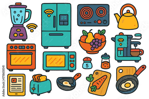Smart Kitchen Doodle. Colorful Hand-drawn doodle Children illustration Smart kitchen blender, smart fridge, induction stove, oven, microwave, dishwasher,