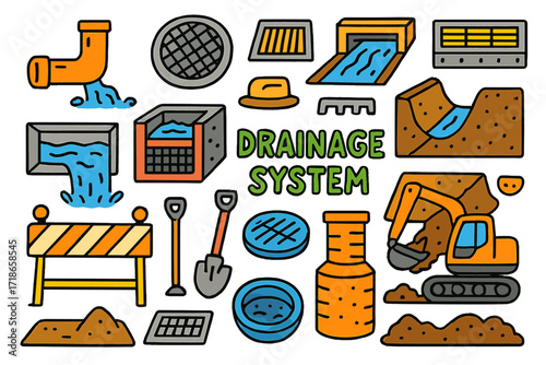 Colorful Drainage System Doodles. Drainage System. Colorful Hand-drawn doodle Children illustration drainage pipe, manhole cover,