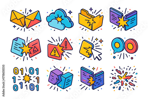 Cyberspace Crash Icons. Colorful isometric vector icons set of digital elements crashing in cyberspace: flying email envelopes