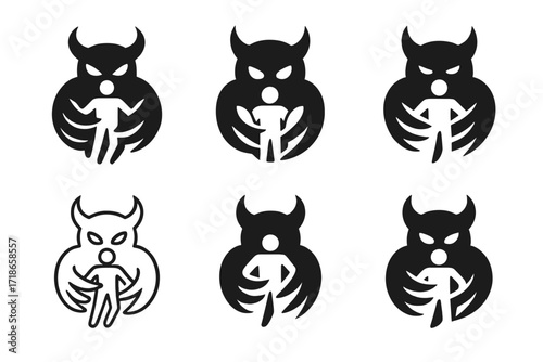Devil's Grasp Logos. person in the grasp of the devil. Set Logo of person in the grasp of the devil: human figure trapped in devil claws. harmonious logo