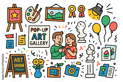 Vibrant Art Gallery Scene. Colorful Hand-drawn doodle Children illustration Pop-up art gallery easels, framed pictures,