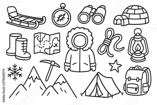 Arctic Exploration Icons. Hand-drawn doodle illustration Arctic exploration [sled, compass, binoculars, map, snow boots, fur hood, igloo, lantern, rope, ice