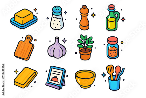 Colorful Kitchen Icons. Colorful isometric vector icons set of kitchen countertop items: butter dish, salt shaker, pepper grinder, olive oil bottle, cutting