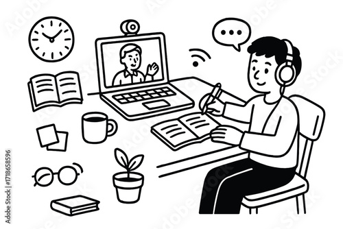 Online Lecture Essentials. Hand-drawn doodle illustration A student taking notes during an online lecture via video call laptop,