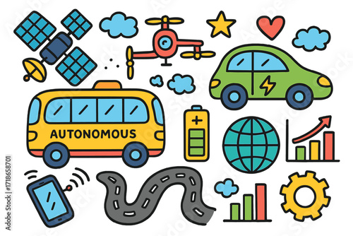 Futuristic Transport Doodles. Future transport. Colorful Hand-drawn doodle Children illustration autonomous bus, electric car, drone, satellite, road, battery,