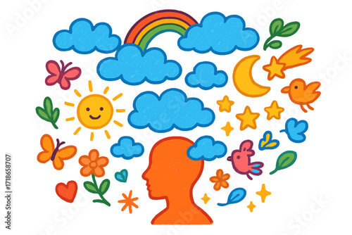 Dreamy Doodle Collage. Colorful Hand-drawn doodle Children illustration Dreamy Clouds Around Head [clouds, person silhouette,