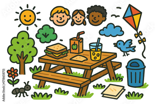 Urban Picnic Doodles. Colorful Hand-drawn doodle Children illustration Urban picnic area picnic bench, sandwich, juice box, tree, flower, sun, smiling faces,