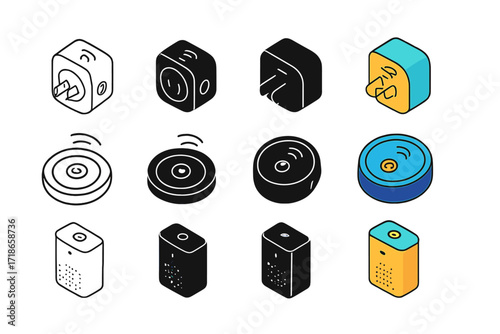 Smart Appliance Icons. Icon Set of Portable Smart Appliances: Smart plug, Robot vacuum, Smart air purifier. Icons set in vector style, emblematic variations.