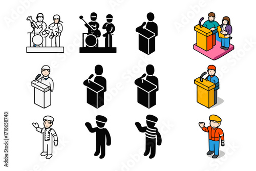 Iconic Performance Trio. Icon Set of Opening performances: live music band, speech podium, performance artist. Icons set in vector style, emblematic