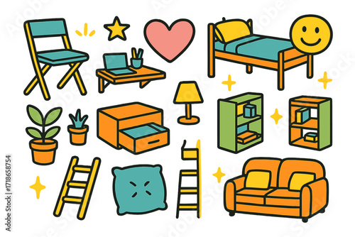 Tiny Home Essentials. Colorful Hand-drawn doodle Children illustration Space-saving furniture for tiny homes folding chair, wall-mounted desk, loft bed,