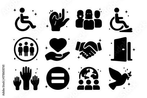 Inclusive Icons Collection. Inclusion. Solid icons set of wheelchair symbol, sign language hand, diverse people, accessible ramp, inclusive circle, support