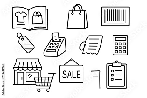 Retail Doodle Icons. Retail. Hand-drawn doodle illustration catalog, shopping bag, barcode, cash register, price tag, receipt, store building, cart,