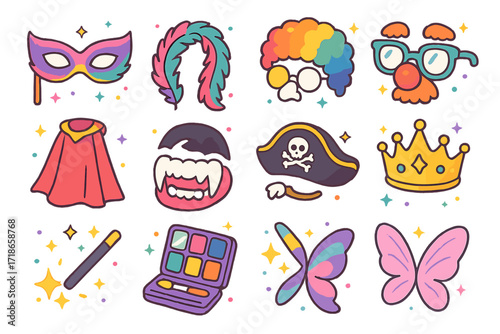 Costume Party Icons. Colorful isometric vector icons set of Costume Party Props: party mask, feather boa, clown wig, funny glasses