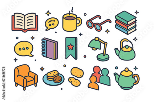 Book Club Essentials. Book Club. Colorful isometric vector icons set of Book Club: open novel, coffee cup, reading glasses, stack of books, discussion bubble,