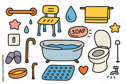 Colorful Bathroom Safety Icons. Bathroom safety. Colorful Hand-drawn doodle Children illustration grab bar, shower chair, non-slip