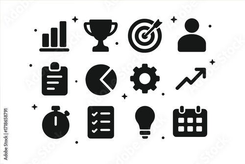 Work Performance Icons. Work Performance. Solid icons set of work performance: bar graph, trophy, target, employee figure, clipboard, pie chart, gear, rising
