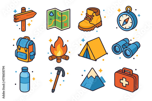 Hiking Trail Icons. Hiking trail. Colorful isometric vector icons set of hiking trail: wooden signpost, trail map, hiking boots, compass, backpack, campfire,