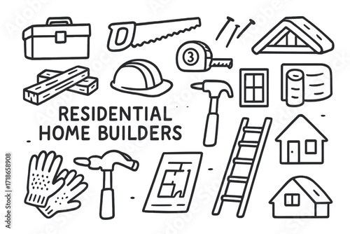 Home Builder's Tools. Hand-drawn doodle illustration Residential home builders toolbox, saw, nails, hammer, wood beams, hard hat, tape measure, window frame,