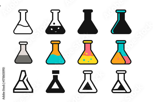Colorful Outfit Icons. A model wearing a bold and colorful outfit at an outdoor eventSet Logo of Flasks: Classic laboratory Erlenmeyer flask. Logo set in