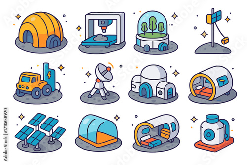 Lunar Technology Icons. Colorful isometric vector icons set of Lunar habitats and technology: inflatable moon dome, 3D printer on moon, greenhouse pod, moon
