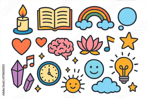 Mindful Doodle Icons. Colorful Hand-drawn doodle Children illustration mindful concentration candle, open book, lotus flower, rainbow, music note, heart, brain