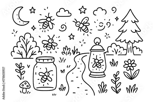 Forest Fireflies Doodle. Hand-drawn doodle illustration Fireflies near the forest [firefly, glowing spark, tree, bush, grass, leaf, flower, mushroom, moon,