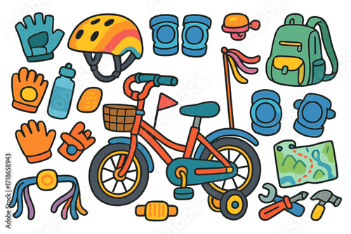Kids Cycling Essentials. Colorful Hand-drawn doodle Children illustration Kids Cycling gear kids bike, colorful helmet, knee pads,