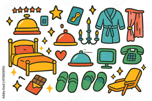 Luxury Hotel Doodle. Colorful Hand-drawn doodle Children illustration Five-star hotel bell, keycard, golden bed, robe, slippers, sparkles, heart, room service